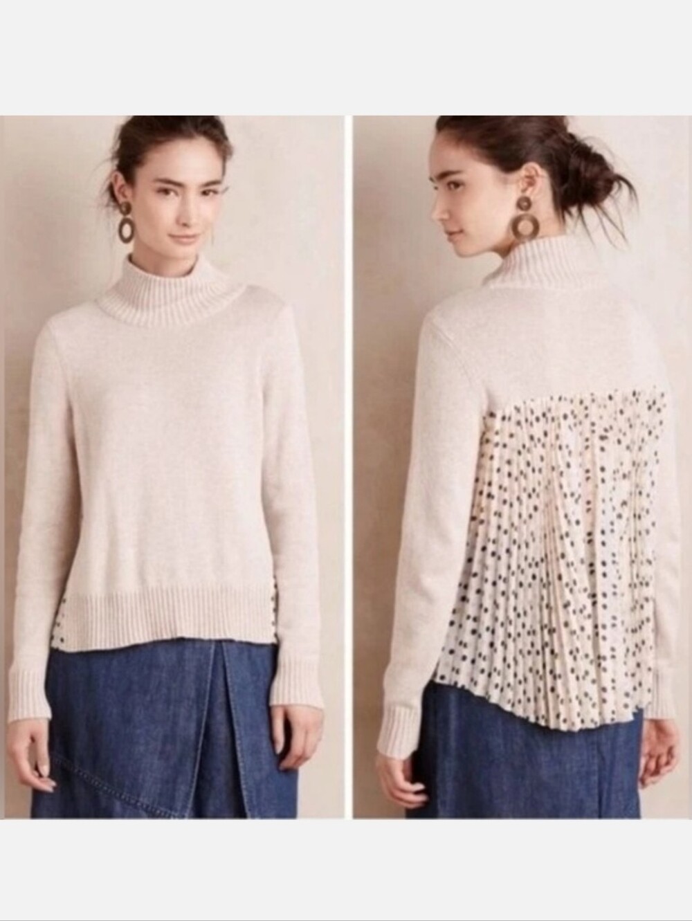 Anthropologie Moth Apres Fete Oatmeal  Polka Dot Sweater Sz XL EUC9